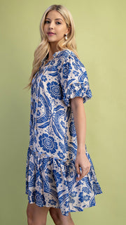 Floral Medallion Print Puff Slv Dress
