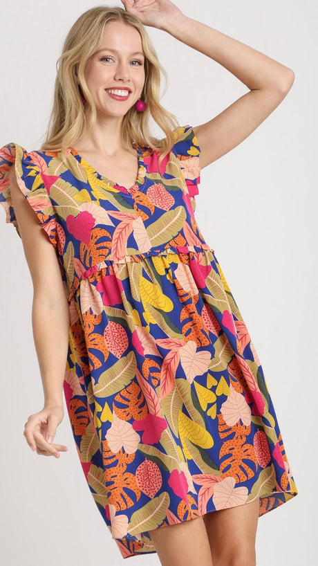 Tropical Leaf Print  Dress w/Pockets
