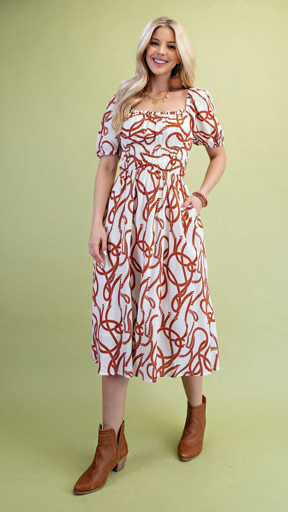 Rope Print Square Neck Midi Dress
