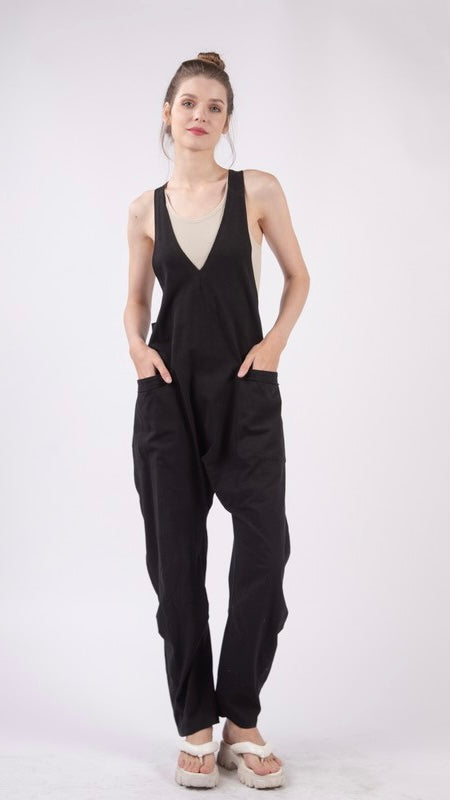 V-Neck Slouch Knit Jumpsuit w/Pockets