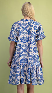 Floral Medallion Print Puff Slv Dress