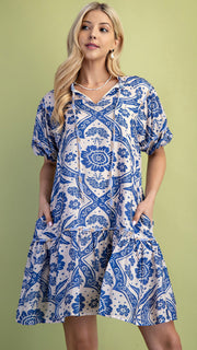 Floral Medallion Print Puff Slv Dress