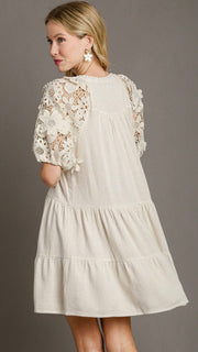 3D Crochet Floral Puff Slv Linen Dress 2