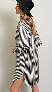Striped Satin L/Sleeve Shirt Dress