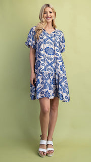 Floral Medallion Print Puff Slv Dress