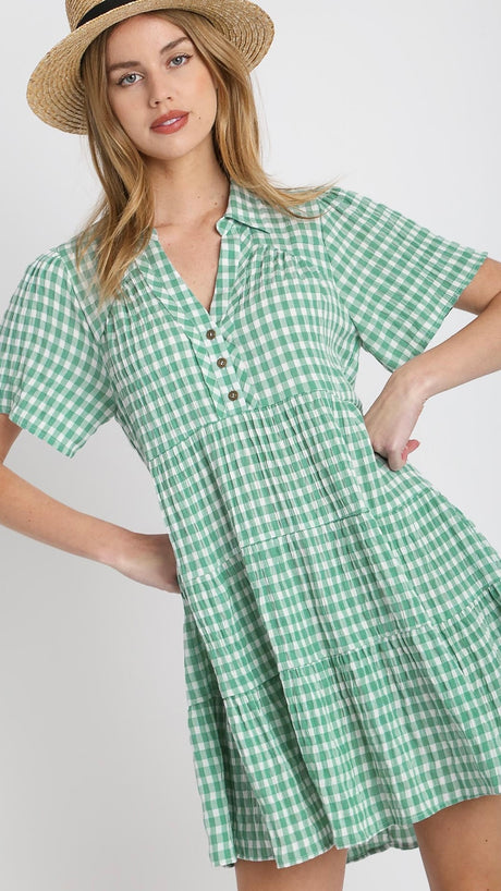 Gingham Tiered Button Front Dress