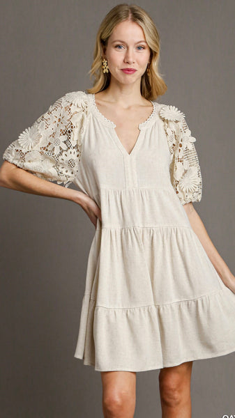 3D Crochet Floral Puff Slv Linen Dress 2