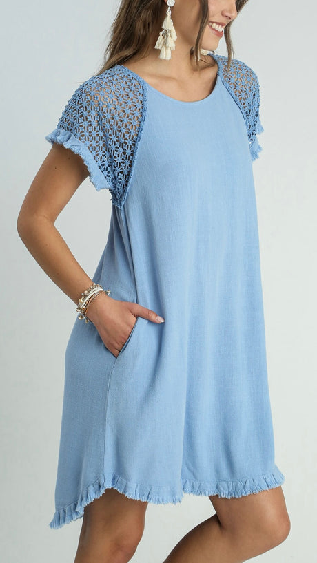 Crochet Raglan Linen Blend Dress w/Pkts