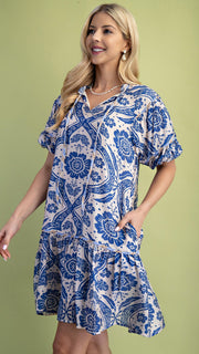 Floral Medallion Print Puff Slv Dress