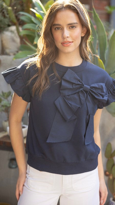 Front Bow Ruffle Shoulder Top
