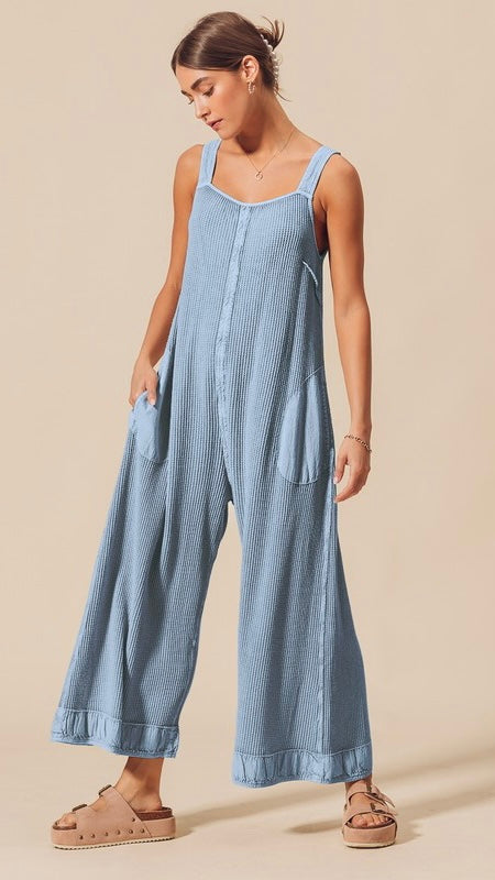 Mineral Wash Waffle Knit Open Back Jumpsuit