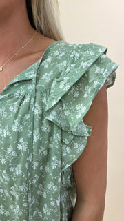 Floral Ruffle Shoulder Tassel Tie Top