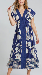 Floral V-Neck Button Midi Dress