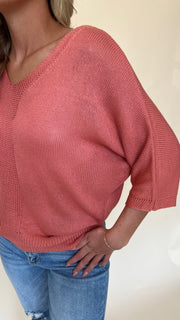 Contrast Weave V-Neck Dolman Sweater