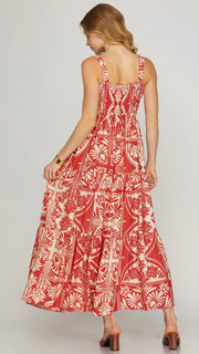 Block Print Pintuck Bust Maxi Dress