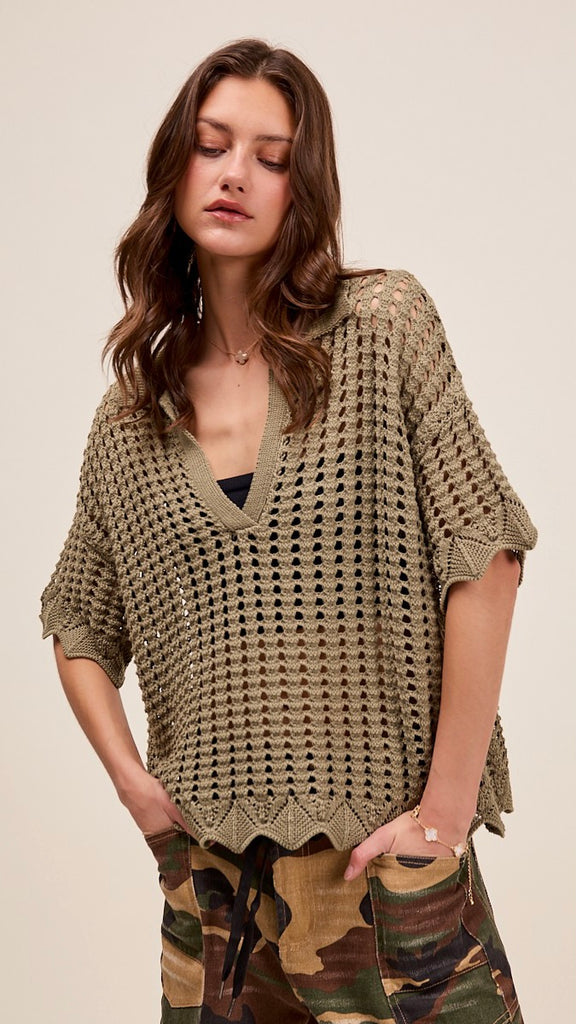 Open Weave Scallop Trim Sweater Top