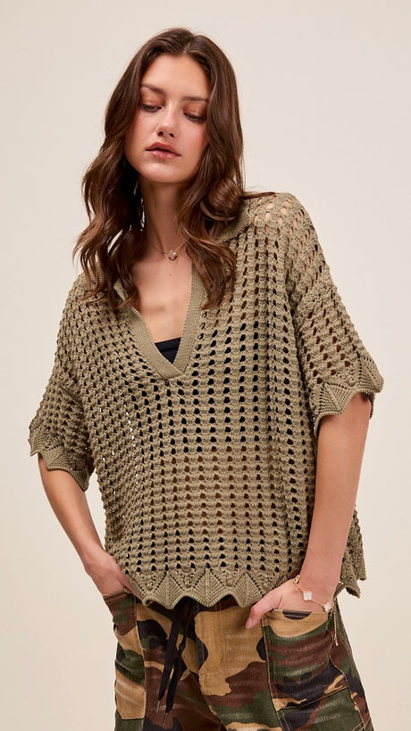 Open Weave Scallop Trim Sweater Top
