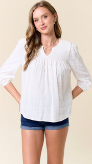 Smocked Yoke Textured 3/4 Slv Top