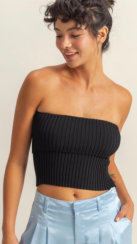 Ribbed Knit Foldover Strapless Top