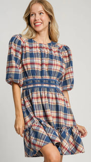 Plaid Flannel 1/2 Sleeve Velvet Trim Dress