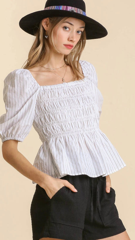 Stripe Smocked Bodice Puff Sleeve Top