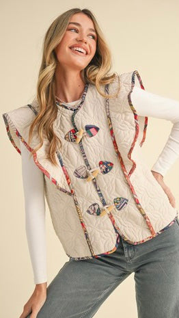 Toggle Button Ruffle Quilted Vest