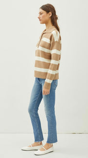 Stripe Half Button Collar Sweater