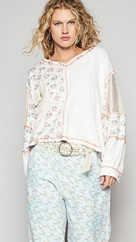 Floral+Waffle Lace Trim Slouch Top