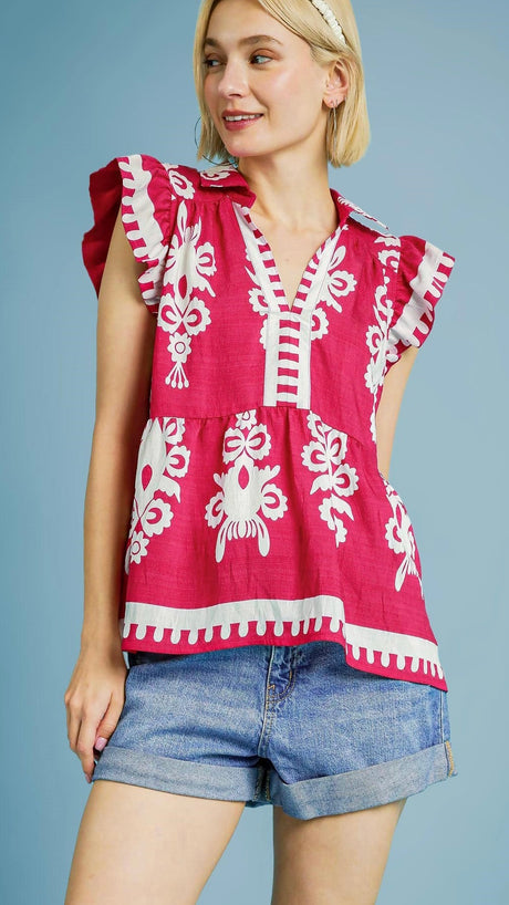 Damask Print Peplum Hem Top