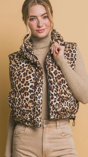 Leopard Print Puff Vest w/Pockets