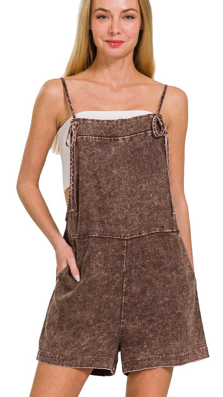 Washed Linen Blend Overall Romper