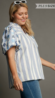 + Pinstripe Embroider Bubble Sleeve Top