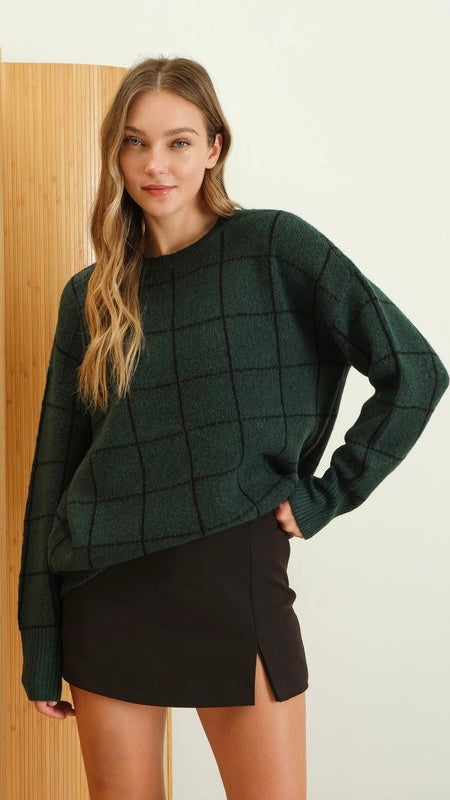 Grid Print Crew Neck Pullover Sweater