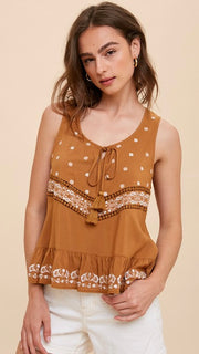 Embroidered Ruffle Hem Tank Top