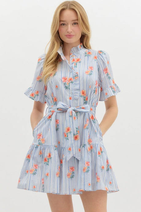 Floral Ruffle Trim 1/2 Sleeve Dress