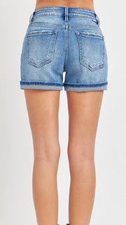 Mid Rise Cuffed Hem Denim Shorts