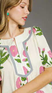 Floral Bouquet Split Neck Dress w/Pkts