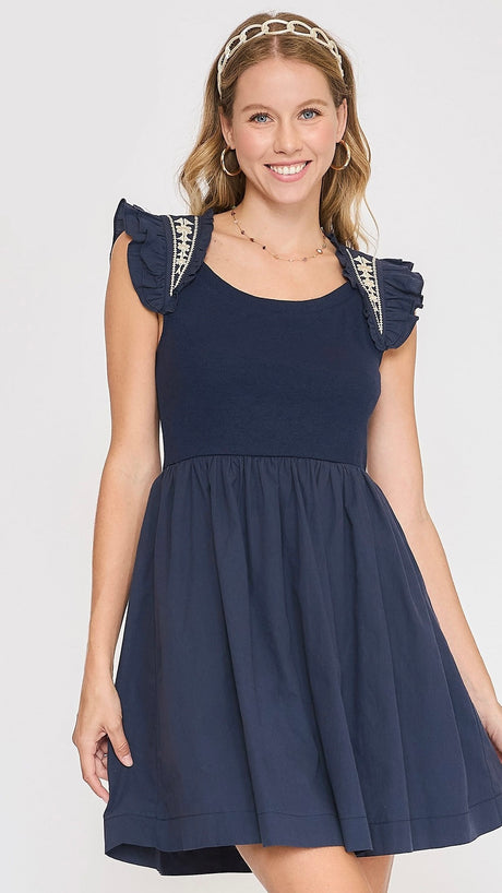 Embroidered Ruffle Shoulder Dress
