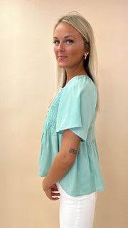 Smocked Button Front Peplum Top