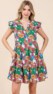 Bold Floral Print Tiered Dress w/Pockets