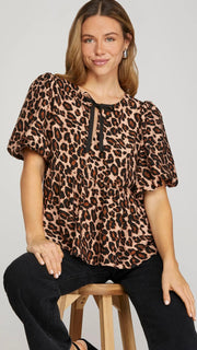 Leopard Puff Sleeve Babydoll Top