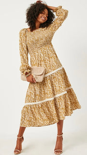 Floral Smocked Bodice Crochet Trim Dress