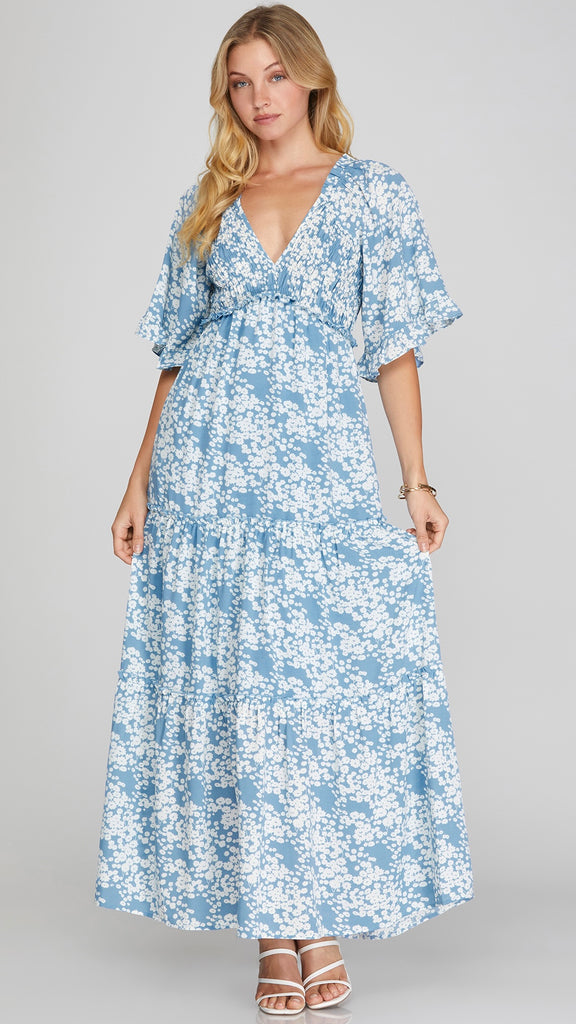 Floral Fields Smocked V-Neck Maxi Dress
