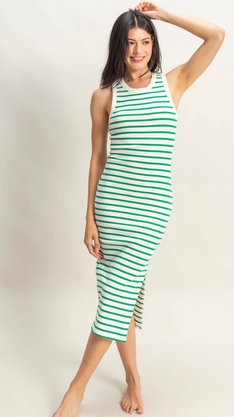 Stripe Rib Knit Fitted Midi Dress