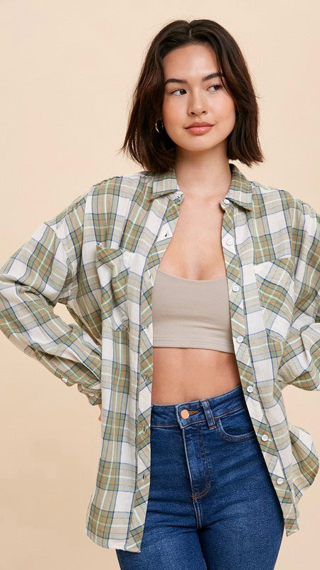 Cotton Blend Plaid Button Front Top