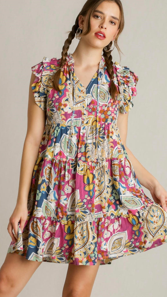 Mixed Boho Print Flutter Sleeve Dress