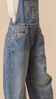 Barrel Leg Washed Denim Overalls