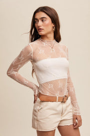 Sheer Lace Mock Neck L/S Top