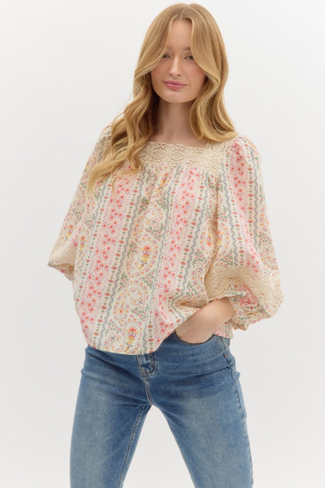 Vintage Floral + Lace Trim Top