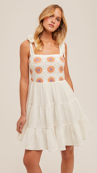 Tie Shoulder Crochet Bodice Dress
